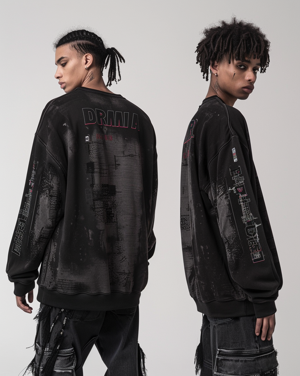 Models wearing oversized black sweatshirt